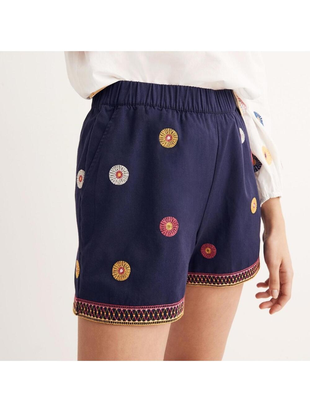 MADEWELL Blue Embroidered Circle Flower Elastic Waist Boho Shorts Sz M EUC